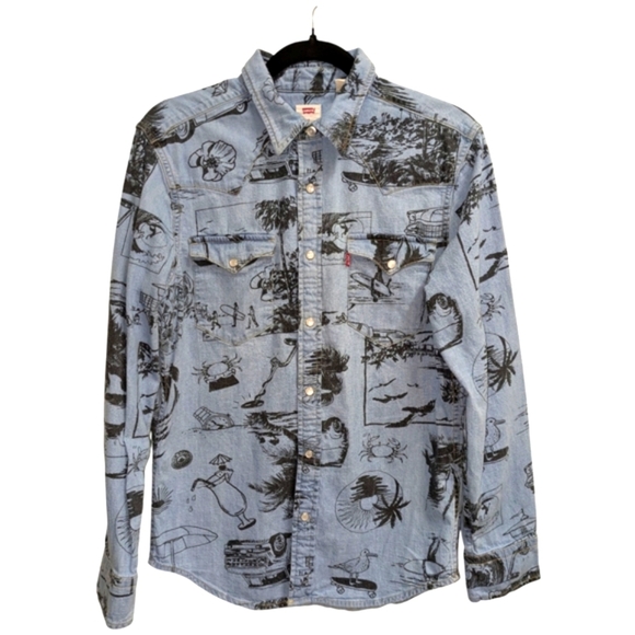 Levi's Western Pearl Snap Button Down Shirt Mens SM All Over Surf Pattern Blue - Picture 1 of 5